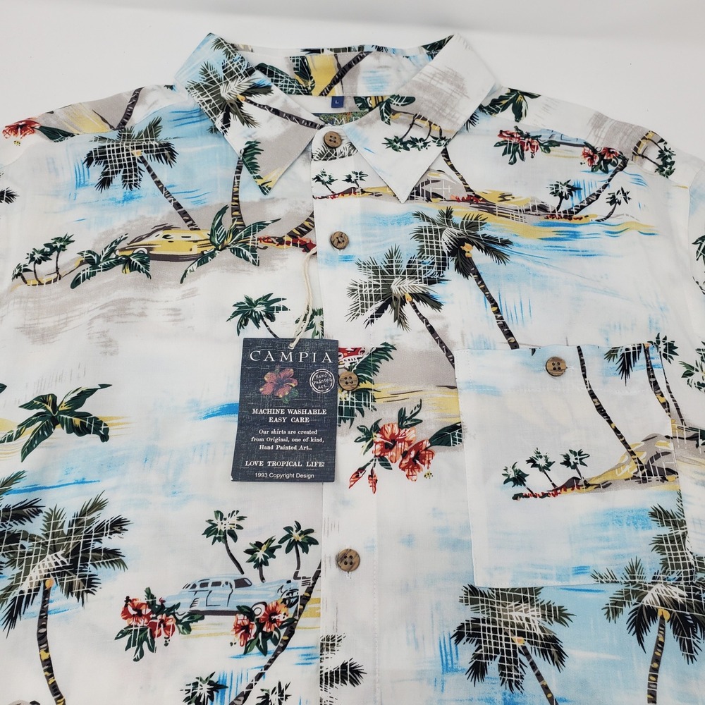 Campia Sport Shirt Mens L 7014 Aqua Tropical Palm Tree Vintage Car Rayon NEW